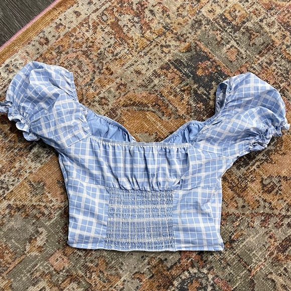 Baby Blue Plaid Puff Sleeve Crop Top Daisy Duke Medium - Picture 6 of 11